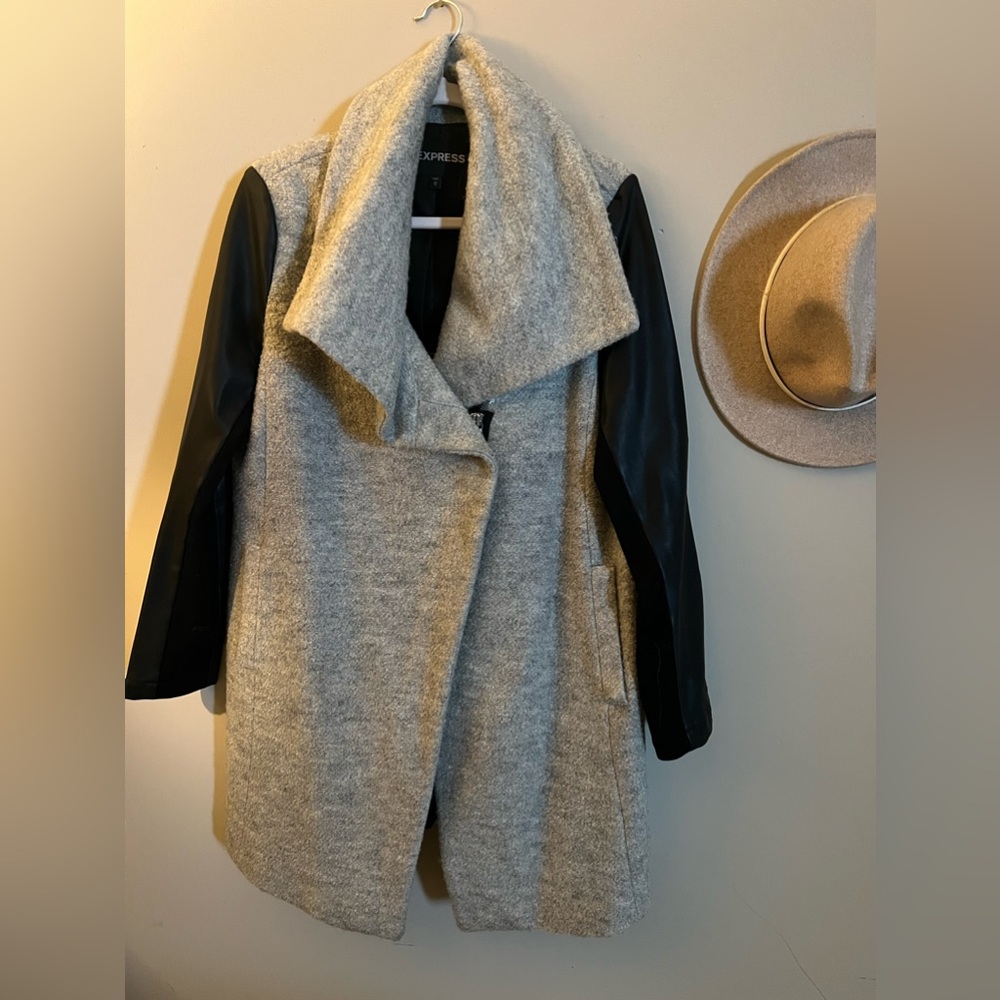 Express Shawl Collar Faux Leather Sleeve Zip Coat